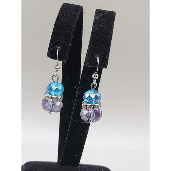 Blue Purple Faceted Glass Bead Earrings Rhinestone Spacer Dangle Jewelry - Picture 2 of 5